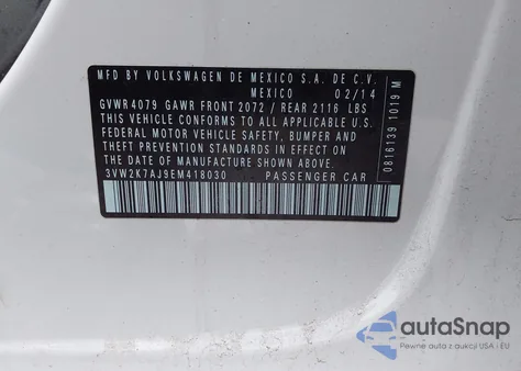 2014 Volkswagen Jetta 2.0L S z USA, uszkodzony, nr VIN 3VW2K7AJ9EM418030